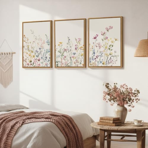 3 Piece Framed Watercolor Wildflower Canvas Wall Art for Bedroom, Large Botanical Floral Picture Prints Paintings, Pastel Farmhouse Colorful Flower Artwork Decor for Living Room Hallway 16x24 Inch