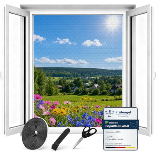 teeppo Fliegengitter Fenster, Insektenschutz Fenster, Zuschneidbar Fliegennetz Fenster mit Starker Klettband ohne Bohren, Moskitonetz für Fenster