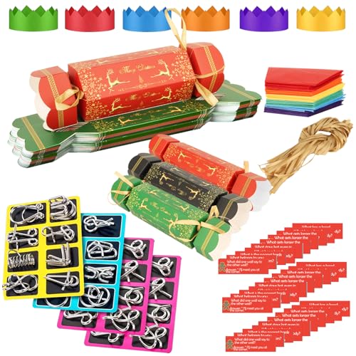 Gemtoy Paquete de 30 galletas de Navidad con 32 rompecabezas de alambre de metal, juguete de prueba de coeficiente intelectual, galletas de Navidad a granel, cajas de papel para caramelos
