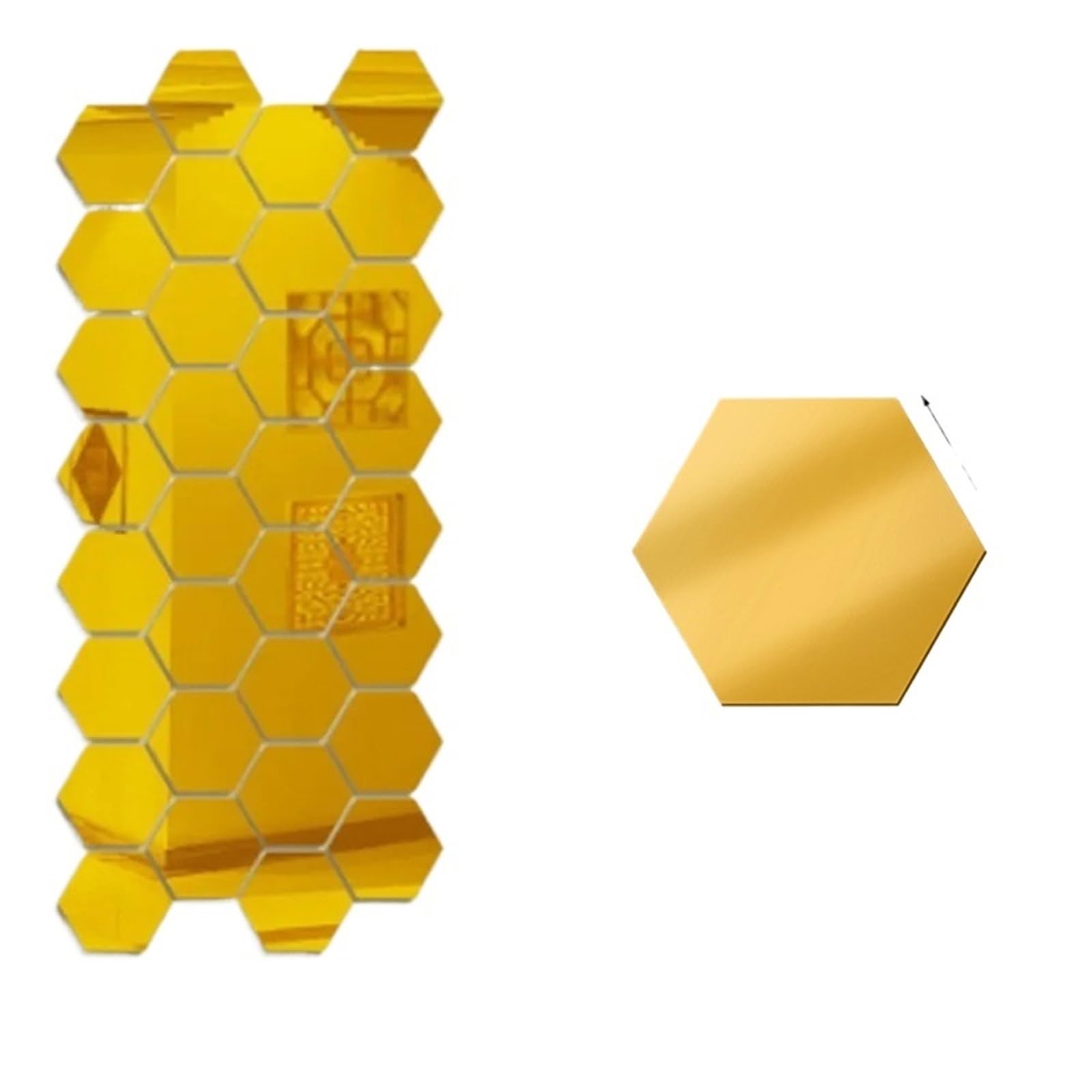 Hexagonal Mirror Wall Sticker 60/6pcs Hexagon Mirror Wall Stickers Self Adhesive Removable Wall Sticker Gold Silver Mosaic Tiles Decals Bedroom Home Decor(Gold- XS,6PCS)