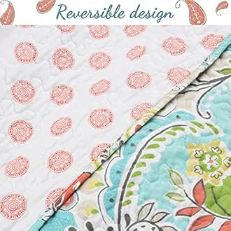 Cozy Line Home Fashions Turquoise Blue Coral Floral Leaf Reversible Quilt Bedding Set, Coverlet Bedspread Lightweight for All Seasons (Mirage Paisley, King - 3 Piece)