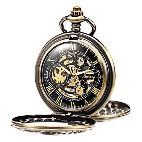 TREEWETO Mens Mechanical Pocket Watch Antique Dream Dragon Skeleton Bronze Double Open Case Gift for Men Women Cover