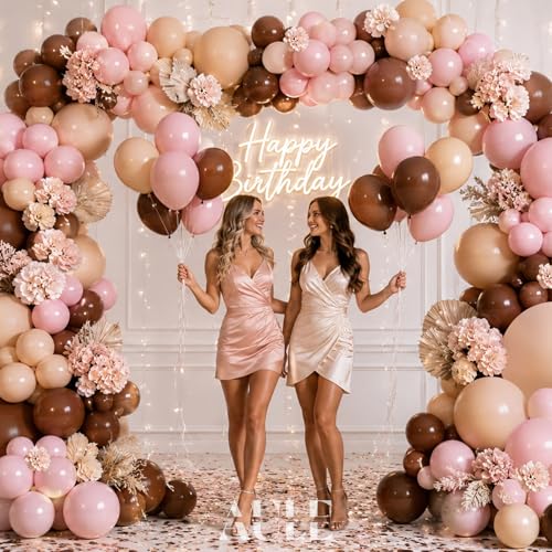 Image of AULE Brown Balloon Arch Kit 155Pcs Light Pink Beige Balloons | Coffee Brown Balloons Garland for Birthday Graduation Neutral Woodland Anniversary Teddy Bear Shower Theme Party Decoration