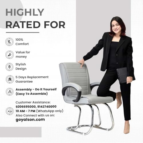 Image of Goyal steel & furniture Executive Office Study Reception Library School Chair Home Study Library Chair with Cushioned seat Back (1, Grey, Double Pipe Chrome Frame)