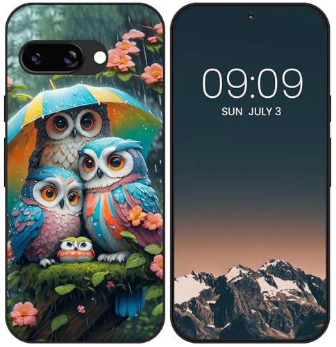 WUACYEAMING Funda Bonita para Google Pixel 9a,Carcasa con Aesthetic Lindo Dibujos,Ultrafina Suave TPU Antigolpes Case Divertidas Diseño Negro-Búho