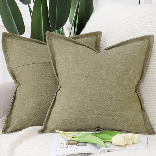 Madizz Set of 2 Linen Cushion Covers with Broad Edge Soft Boho Decorative Pillow Cases for Sofa Bedroom Modern Pillow Shell 18x18 inch, 45x45 cm Moss Green
