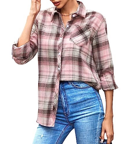 SANGTREE Womens Plaid Flannel Shirt Long Sleeve Button Down Shirts Pink Plaid, Small