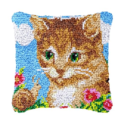 Image of bositigo Cat Latch Hook Pillow Kit for Adults & Kids, DIY Pre-Printed Canvas Craft, Decorative Latch Hook Pillow Cover for Cushions, Bedroom Decor (Cat Pattern 15)