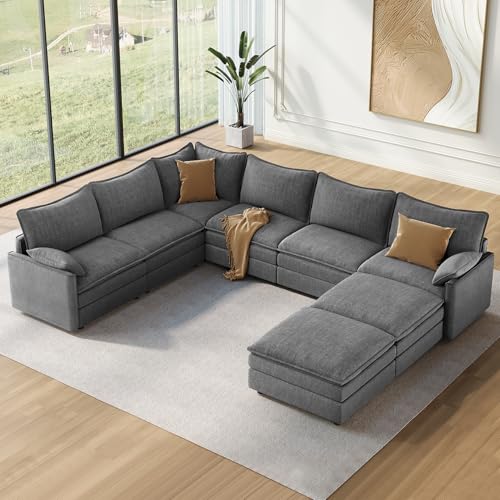 Image of Vesgantti Large Modular Sectional Sofa, Big Comfy Cloud Couch with Ottoman Deep Seat Chenille Cloud Sofa, 8 Seater Large Sectional Couches for Living Room, Bedroom and Apartment, Gray