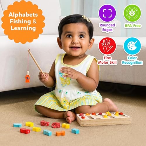 Image of SHINETOY Wooden Magnetic Fishing Game, Fine Motor Skill Toy ABC Alphabet Color Sorting Puzzle, Montessori Letters Cognition Preschool Gift for Years Old Kid Early Learning with 2 Pole