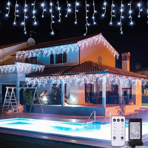 JMEXSUSS 400 LED White Christmas Icicle Lights, 38.8ft Connectable Icicle Lights for Outside Outdoor Indoor Plug in, String Light for House Patio Party Room Holiday Christmas Decorations