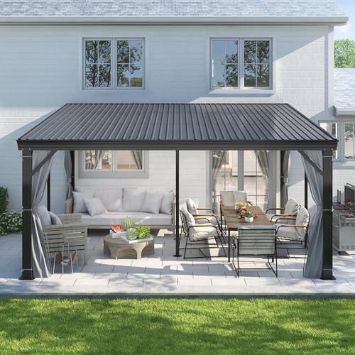 12'x16' Hardtop Wall Mounted Gazebo, Lean to Gazebo with Aluminum Frame, Galvanized Steel Roof Wall Gazebos Pergola with Curtains and Netting for Patio,Decks, Garden and Lawn