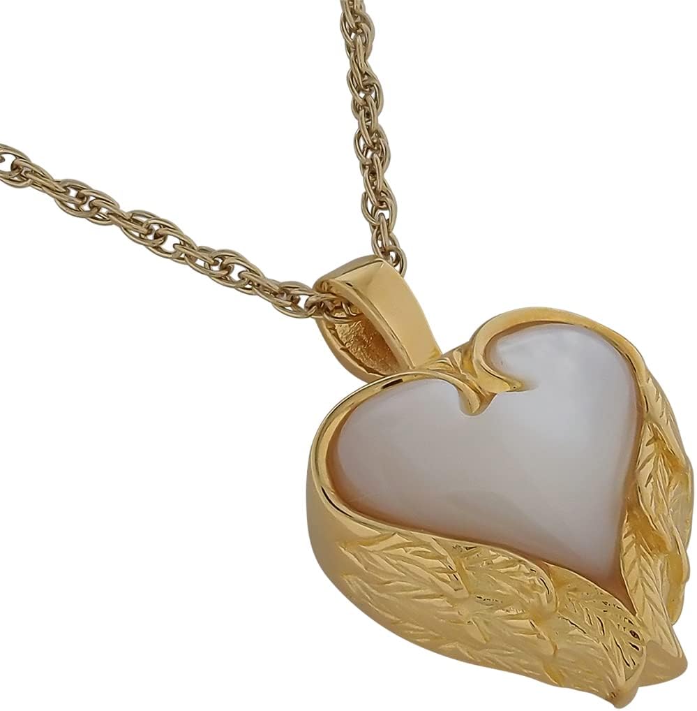 Heart Angel Wings Gold Cremation Jewelry, Sterling Silver, Pendant and Necklace for Ashes