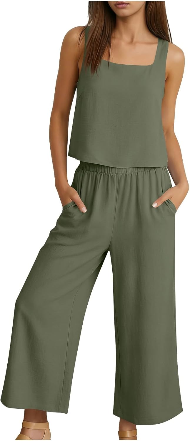 Linen Sets for Women 2 Piece Tank Top & Linen Pants Matching Lounge Set Casual Summer Beach Vacation Trendy Clothes