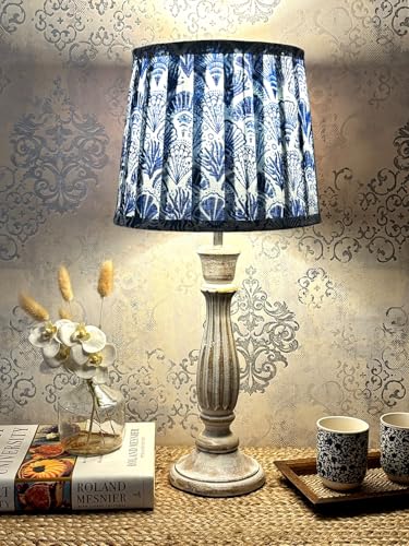 Image of Green Girgit Athens Wooden Lamp in Distress White Color with Pleeted Multiolor Blue Feathers Shade, Vintage Style Table Lamp with Tropical Print Shade, Decorative Bedroom Lighting (LED Bulb Included)