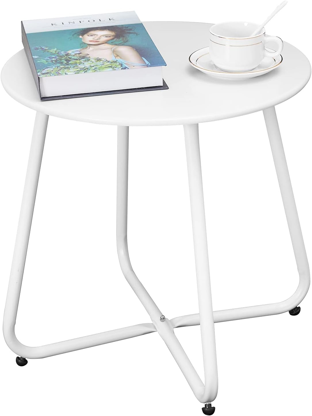 Outdoor Table Small Patio Side Table Waterproof Round Metal Side Table Weather Resistant Portable Outdoor and Indoor End Table for Garden, Balcony, Yard (White)