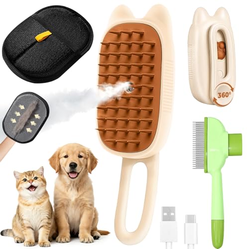 Image of Cat Steam Brush for Shedding, 4 in 1 Rechargeable Steam Brush for Cats and Dogs, Anti-Static, Massage, flea comb for cats& Pet Removal Hair Glove,Shedding & Combing All In One!
