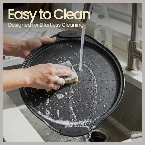 Bakken Pizza Baking Pan - Round Perforated Carbon Steel Pan with Non-Stick Marble Coating, Oversized Silicone Handle, Dishwasher Safe, High-Temperature Resistant, Durable & Easy Cleanup Gray, 2 Pack by BAKKENMASTER - Used condition - Image 7