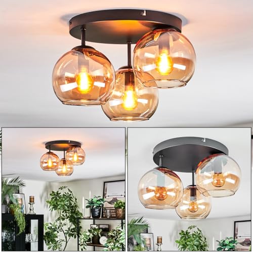 HOFSTEIN Deckenleuchte Koyoto, 3-flammige Deckenlampe aus Metall/Glas in Schwarz/Bernsteinfarben, moderne Leuchte im Retro/Vintage-Design (Schirme Ø 15 cm), E14, Esszimmer, Wohnzimmer, Schlafzimmer