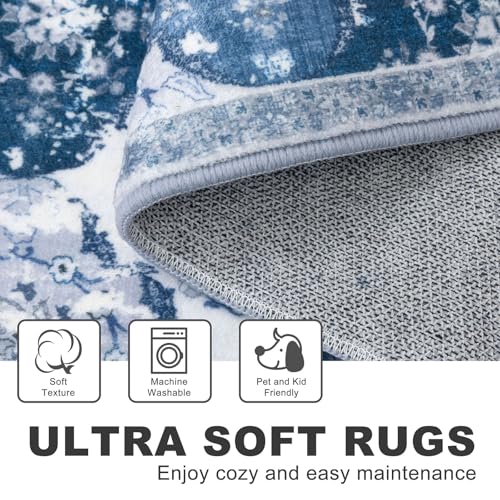 KILOCOCO 2x5 Runner Rug, Moroccan Super Soft Washable Hallway Runner Rug, Accent Print Faux Wool Kitchen Runner Rug 5 Feet Non-Slip Runners Boho Rug Runners for Laundry Room Bedroom, Blue/Grey/Multi