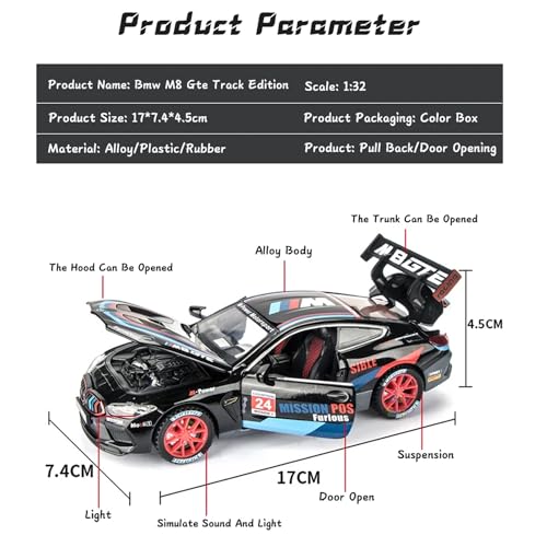 Image of Metal Pull Back Diecast Car 1:32 M8 Thunder GTE Pull Back Car Model with Sound Light Boys Gifts Toys for Kids【Pack of 1】,multicolor