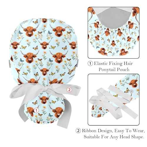Image of 2 PCS Bouffant Cap with Button Ponytail Pouch Working Cap Sweatband Adjustable Surgical Cap Black and White Cow