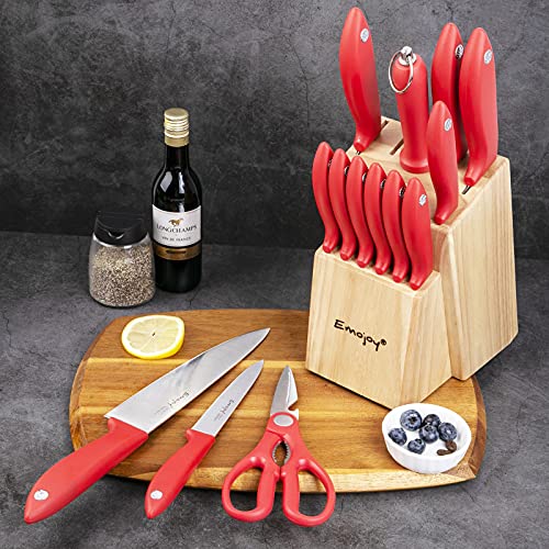 Knife Set 15-Piece Kitchen Knife Set With Block Wooden,Chef Knife Set With Sharpener,High Carbon Stainless Steel Knife Block Set By Emojoy,Red #TOP6
