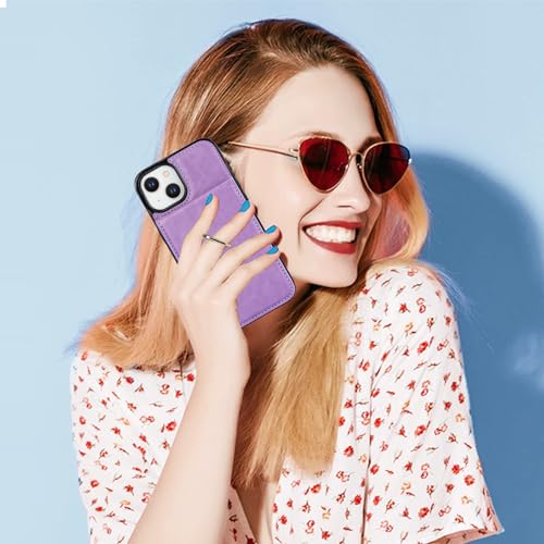 KIHUWEY for iPhone 13/14 Case Wallet with Credit Card Holder, 360° Rotation Ring PU Leather Magnetic Clasp Kickstand Heavy Duty Protective Cover for Women and Men 6.1 Inch (Purple) by KIHUWEY - Image 3