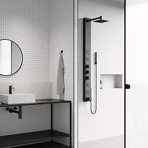 VIGO Bowery Panel de Ducha 58" H x 5" W con 4 Jets, Cabezal de Lluvia Cuadrado, Llena Tina y Ducha de Mano en Negro Mate VG08023MB miniatura 6