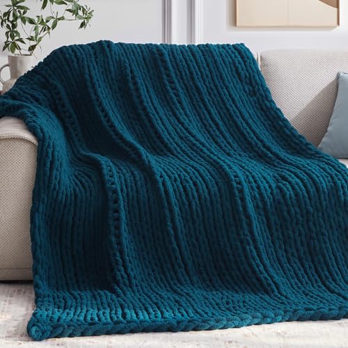 Negwoo Grobstrick-Überwurfdecke, 127,7 x 152,4 cm, Chenille-Garn für Bett, Couch, handgefertigt, Pfauenblau, gehäkelt, groß, dick… – Ansicht 1