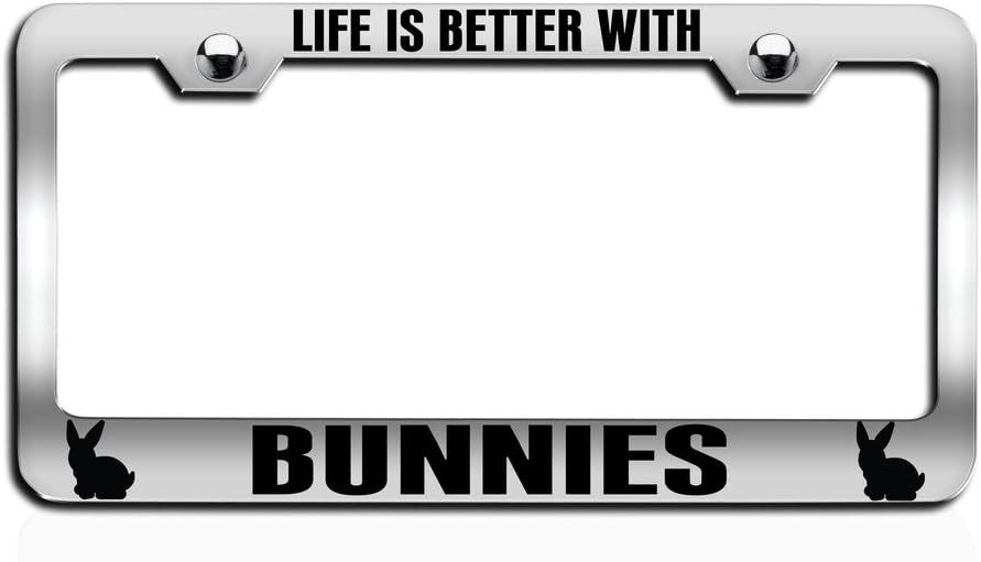 Makoroni - Life is Better with Bunnies Chrome Steel License Plate Frame, License Tag Holder