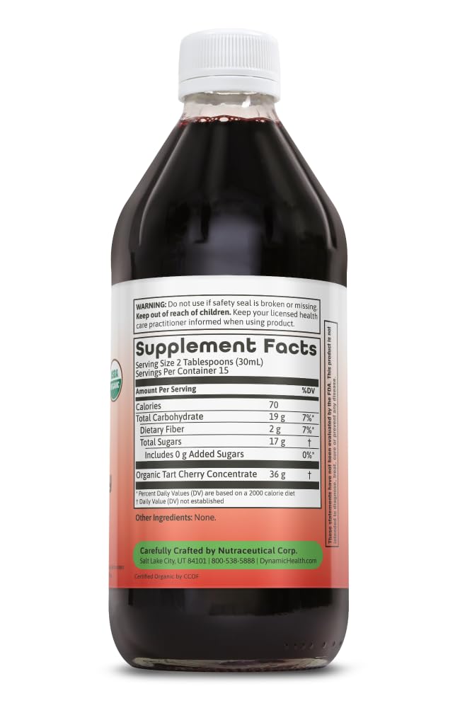 Dynamic Health 100% Unsweetened Pure Organic Certified Tart Cherry Juice Concentrate, 16-Ounce Glass Bottle