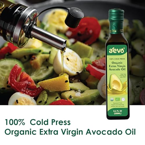 Image of AEVO Organic Extra Virgin Avocado Oil - Unrefined & Cold Pressed Cooking Oil for Frying, Grilling, Roasting & Baking with Monounsaturated Fats, Vitamin E & Omega-9-250ml Bottle
