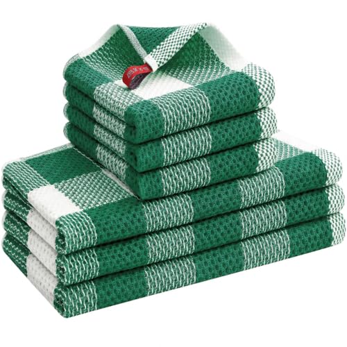 Mordimy Cotton Kitchen Towels and Dishcloths Set of 6, White & Dark Green