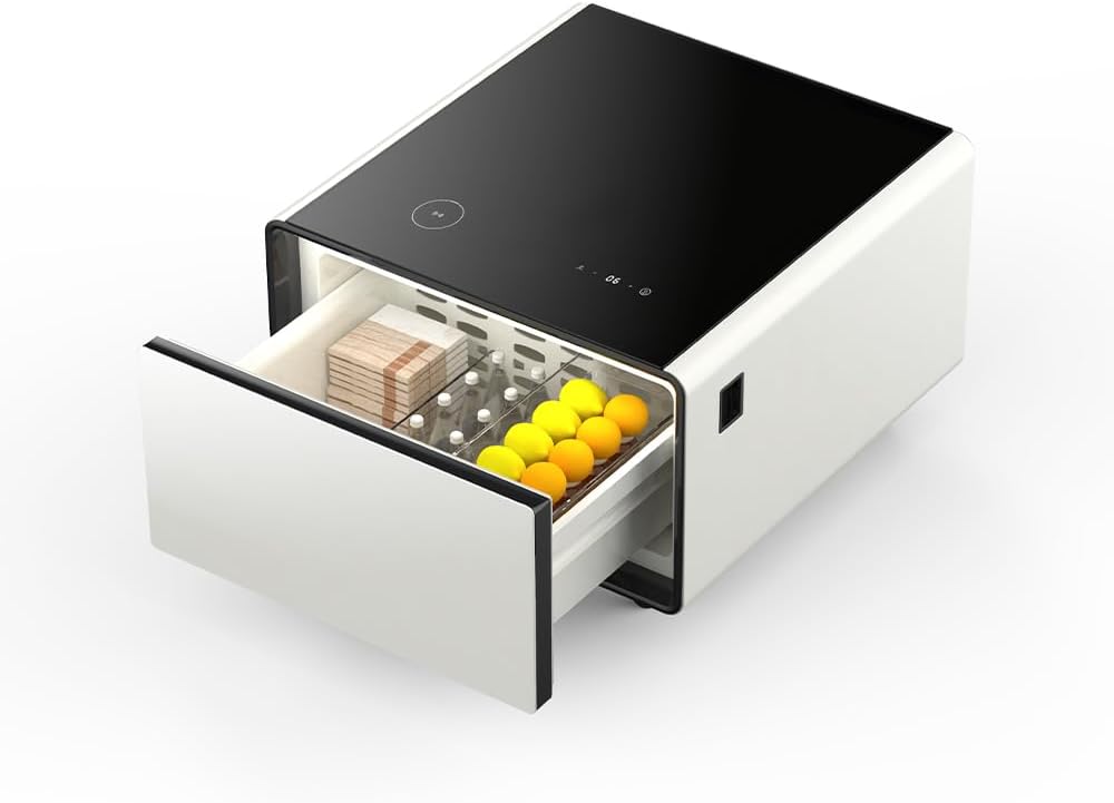 Modern Smart Side Table with Built-in Fridge, Wireless Charging, Temperature Control, Power Socket, USB Ports, Outlet Protection, Induction Light, White