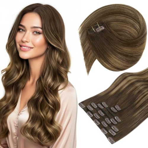 Sunny Hair Clip in Hair Extensions Real Human Hair Brown Balayage
