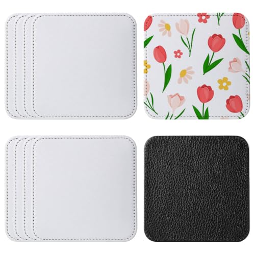 ZUYYON 10 Pcs Sublimation Coasters Blanks with Sewn Edge PU Leather Non Slip Blank Cup Mat Heat Transfer Cup Pad for Tabletop Protection DIY Crafts, 3.94 x 3.94 inches(Square)