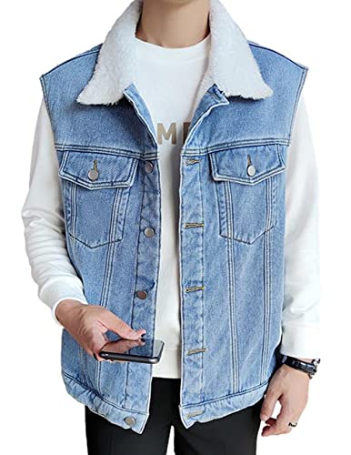 Men`s Winter Sherpa Lined Denim Vest Fleece Sleeveless Jean Jacket Waistcoat