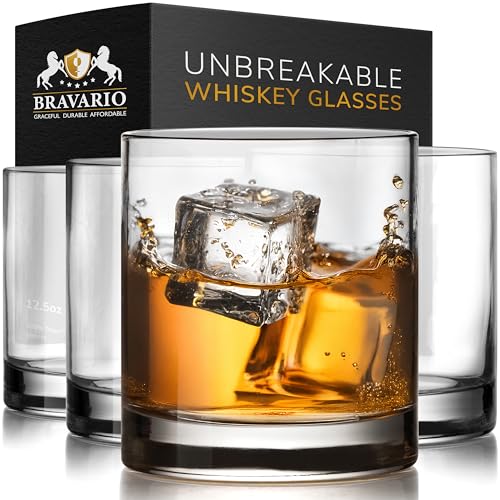Bravario Unbreakable Whiskey Glasses Plastic Rocks Glasses 12.5 oz Clear Dishwasher Safe Tritan Old Fashioned Drinkware Shatterproof BPA-Free Bourbon Cocktail Set of 4