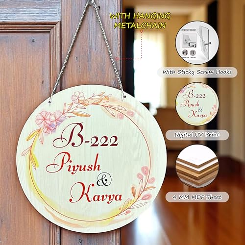 Image of P Arts Personalized Door Name Plate for Home Entrance Round Shaped 10x10 Inch Name plate for home entrance, Door name plates MDF Wood, Black & White (Colorfull-02)