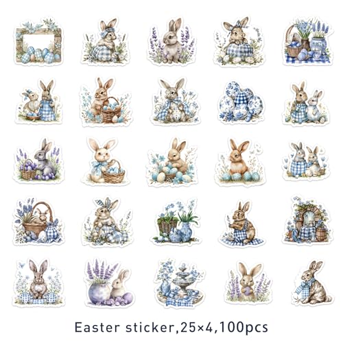 Image of 100 Pcs Easter Bunny Stickers - Watercolor Rabbit & Blue Gingham Pattern, 100 Piece Set for Easter Basket Stuffers, Party Favors, Crafts & Spring Decorations