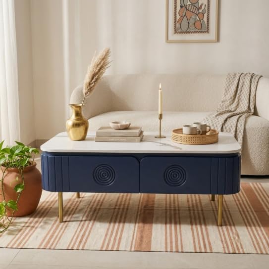 Image of Solid Wood Mandala Center Table with Sintered Stone Top for Living Room |Premium Acrylic Midnight Blue Finish | 115 cm (W) x 60 cm (D) x 45 cm (H)