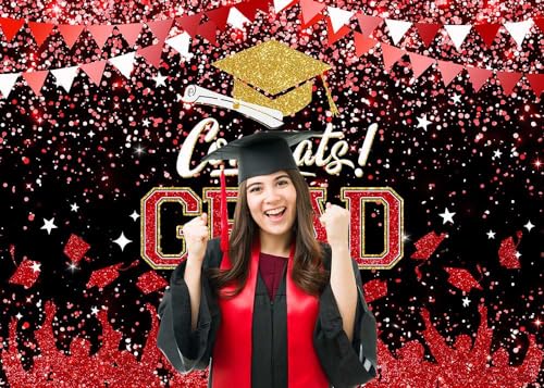 Mocsicka Graduation Party Decorations 2026 Congrats Grad Backdrops for Photography Bachelor Cap Congratulations Grad Photo Backdrop Graduation Prom Party Supplie (Red, 7x5ft (82x60 inch))