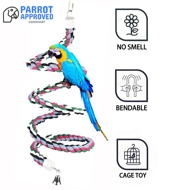 Image of 65inch Cotton Bendable Rope(Plus 1 Set 3 Steel Bells) Perch Swing Bird Chew Toys Amazon Parrots Cage Toys with Bell Swing Climbing Standing Bungee Bird Toys for Large to Regular Size Birds