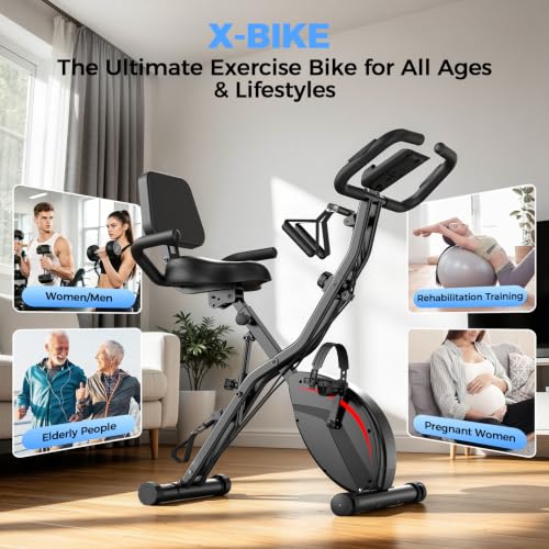 Image of PLENY Folding Exercise Bike, 5 IN 1 Indoor Stationary Bikes for Home | Workout Bike with 6.6 LBS Flywheel, 16-Level Adjustable Magnetic Resistance, 330LB Weight Capacity, Back Support Cushion