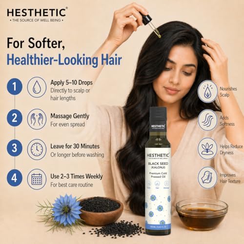 Image of HESTHETIC Cold Pressed Black Seed Oil 250ml for Hair, Skin & Scalp | Pure Kalonji (Nigella Sativa) Beauty Oil - Thymoquinone Rich | Glass Bottle | Pre-Wash Ritual & Facial Massage Use