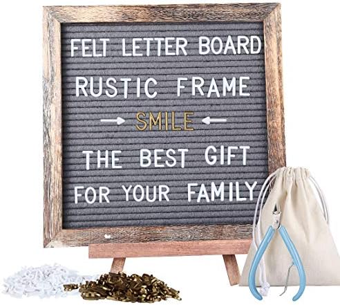 JMMD Rustic Wood Frame Felt Letter Board 10x10 inches, Gray Changeable Message Letter Board with 409 White & Gold Additional Symbols & Emojis, Canvas Bag, Scissors