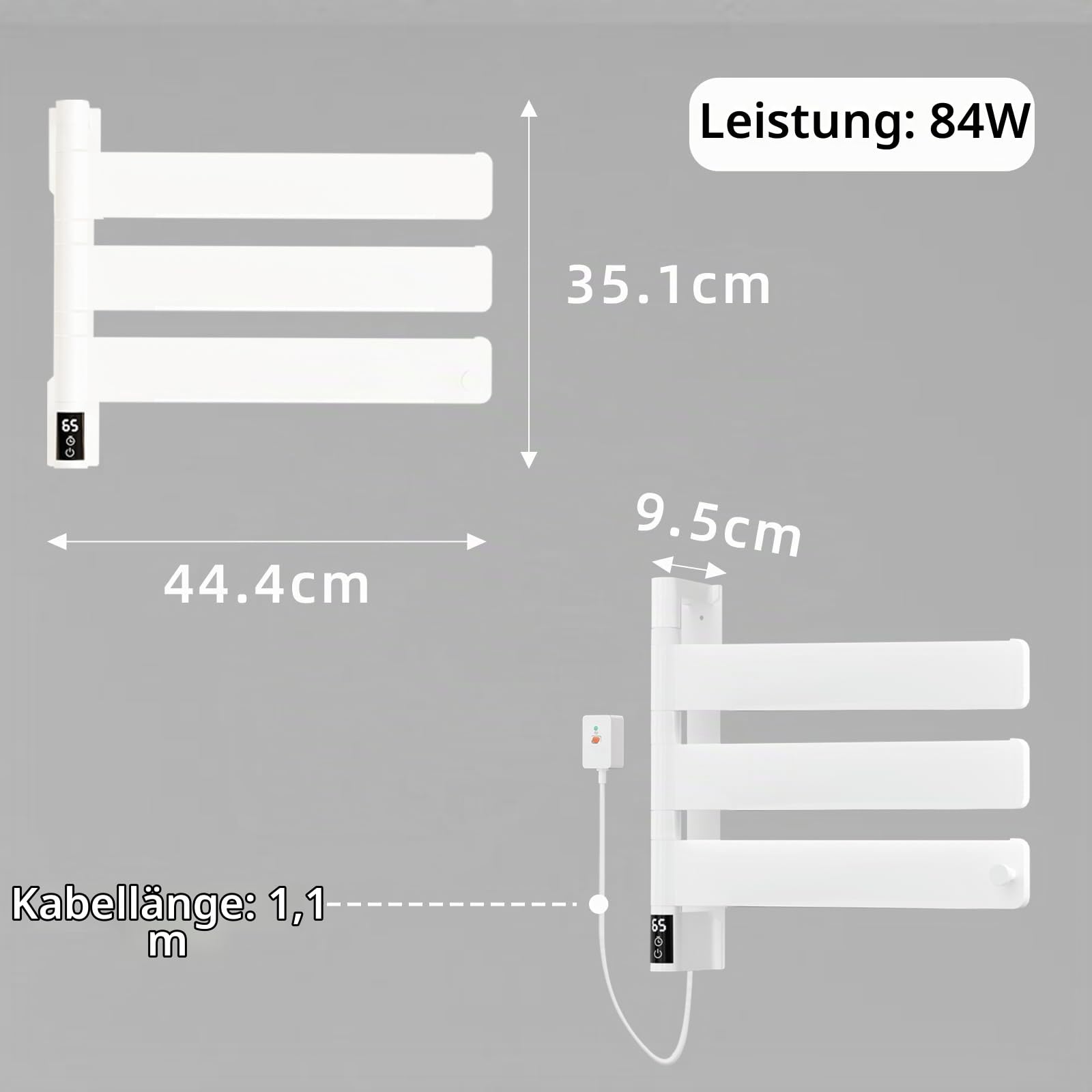 TINS Handtuchheizkörper Elektrisch Weiß Badheizkörper Elektrisch mit LED Anzeige 180° Drehung Elektrischer Handtuchhalter mit Timer/Einstellbarer Temperatu Intelligenter Thermostat-35.1×44.4×9.5 cm