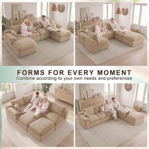 Image of 133 inch Cloud Sectional Couch, Boneless Couches for Living Room, Camel | U shaped, Modular Sectional Sofa with Deep Seat & Convertible Ottoman, Built for Family Life, Apartments & Living Rooms