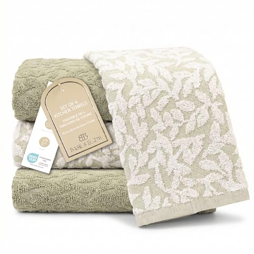 Image of 4 Pack Hand Towels, Cotton Sage Green and White Floral Kitchen Towel, Soft and Absorbent Hand Drying Towels 18 x 28
